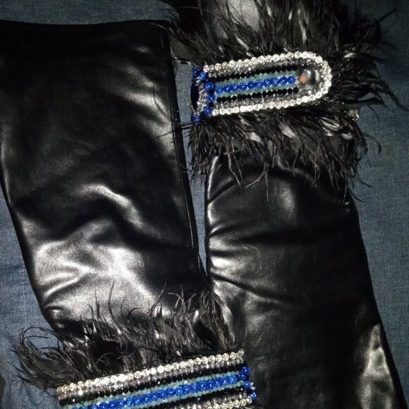 AZALEA WANG "DOING THE MOST"FEATHER EMBELLISHED KNEE HIGH BOOT/BLACK(BRAND NEW!! - Picture 8 of 9